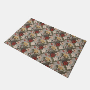 Vintage Hibiscus Flowers Floral Red Pink Yellow Doormat