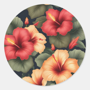 Vintage Hibiscus Flowers Pattern Classic Round Sticker