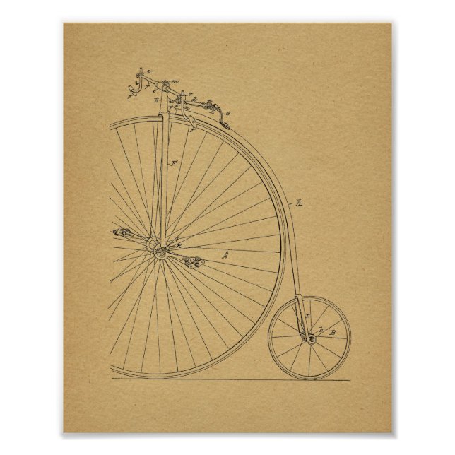 Vintage High Wheeler Bicycle Patent Art Print (Front)