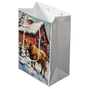 Vintage Highland Cow at Snowy Christmas Barn Medium Gift Bag