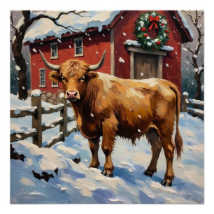 Vintage Highland Cow at Snowy Christmas Barn Poster