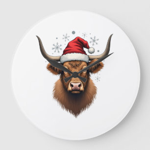 Vintage Highland Cow Christmas Design with Santa H Large Clock