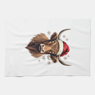 Vintage Highland Cow Christmas Design with Santa H Tea Towel