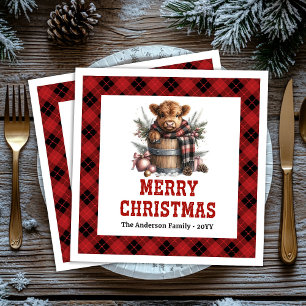 Vintage highland cow Christmas napkins red black 