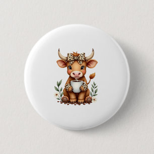 Vintage Highland Cow Coffee Lover Watercolor Cute 6 Cm Round Badge