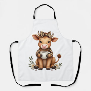 Vintage Highland Cow Coffee Lover Watercolor Cute Apron