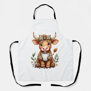 Vintage Highland Cow Coffee Lover Watercolor Cute  Apron