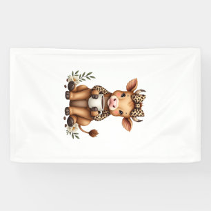 Vintage Highland Cow Coffee Lover Watercolor Cute  Banner