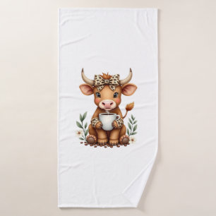 Vintage Highland Cow Coffee Lover Watercolor Cute Bath Towel