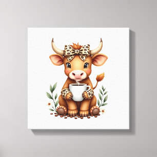 Vintage Highland Cow Coffee Lover Watercolor Cute  Canvas Print