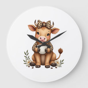 Vintage Highland Cow Coffee Lover Watercolor Cute Large Clock