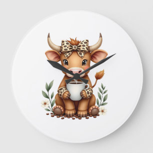 Vintage Highland Cow Coffee Lover Watercolor Cute Large Clock