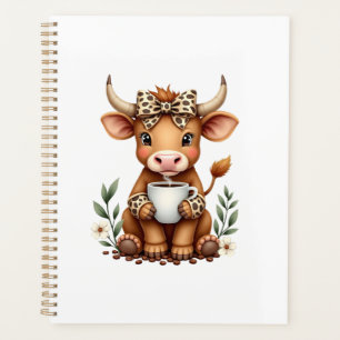 Vintage Highland Cow Coffee Lover Watercolor Cute Planner