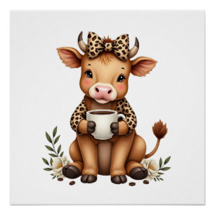 Vintage Highland Cow Coffee Lover Watercolor Cute Poster