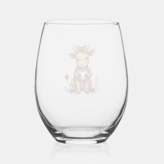 Vintage Highland Cow Coffee Lover Watercolor Cute  Stemless Wine Glass