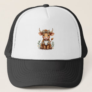 Vintage Highland Cow Coffee Lover Watercolor Cute Trucker Hat