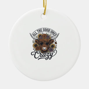 Vintage Highland Cow Floral Crazy Quote Design_1 Ceramic Tree Decoration