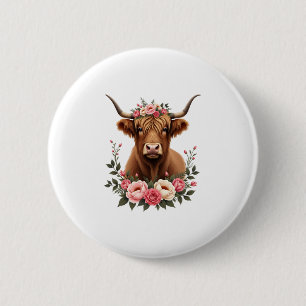 Vintage Highland Cow Floral Crown Boho Farmhouse A 6 Cm Round Badge