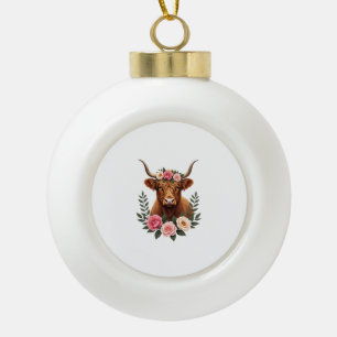 Vintage Highland Cow Floral Crown Boho Farmhouse A Ceramic Ball Christmas Ornament