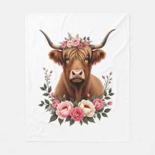 Vintage Highland Cow Floral Crown Boho Farmhouse A Fleece Blanket