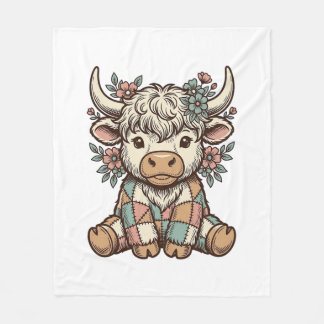 Vintage Highland Cow Floral Patchwork Shirt_1 Fleece Blanket