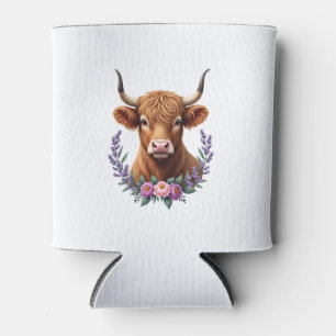 Vintage Highland Cow Floral Wreath Cute Rustic Far Can Cooler