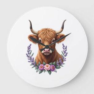 Vintage Highland Cow Floral Wreath Cute Rustic Far Large Clock