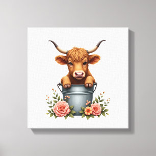 Vintage Highland Cow Flower Market Design with Flo Canvas Print