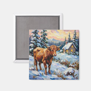 Vintage Highland Cow in Snowy Christmas Meadow Magnet