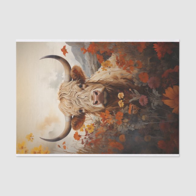 Vintage Highland Cow in Wildflowers Decoupage Tissue Paper (Front)