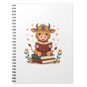 Vintage Highland Cow Reading Books Floral Cute Boo