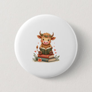 Vintage Highland Cow Reading Books Floral Cute Boo 6 Cm Round Badge