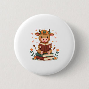 Vintage Highland Cow Reading Books Floral Cute Boo 6 Cm Round Badge