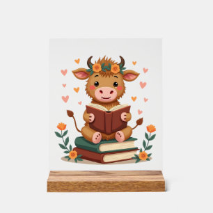 Vintage Highland Cow Reading Books Floral Cute Boo Acrylic Sign