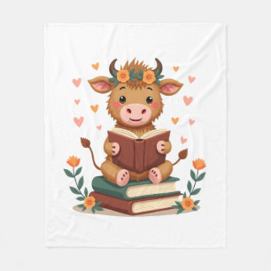 Vintage Highland Cow Reading Books Floral Cute Boo Fleece Blanket