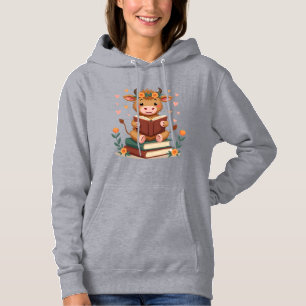 Vintage Highland Cow Reading Books Floral Cute Boo Hoodie