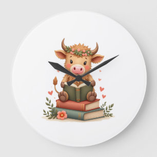 Vintage Highland Cow Reading Books Floral Cute Boo Large Clock