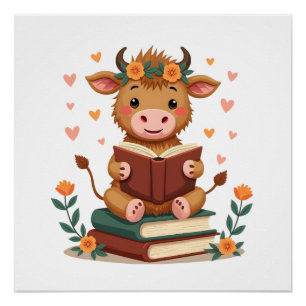 Vintage Highland Cow Reading Books Floral Cute Boo Poster