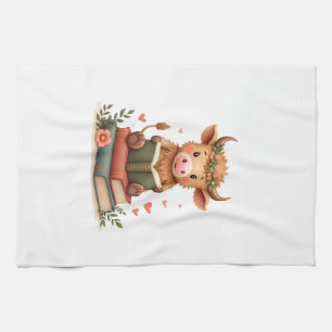 Vintage Highland Cow Reading Books Floral Cute Boo Tea Towel