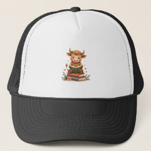 Vintage Highland Cow Reading Books Floral Cute Boo Trucker Hat