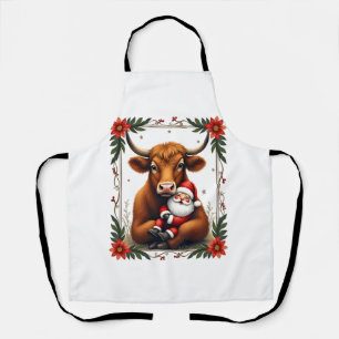 Vintage Highland Cow Santa Hug Christmas Rustic Fa Apron