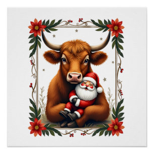 Vintage Highland Cow Santa Hug Christmas Rustic Fa Poster