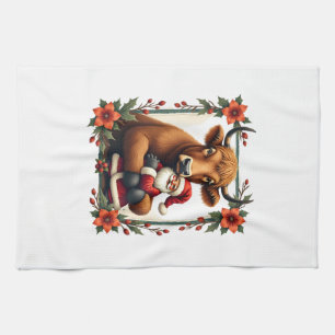 Vintage Highland Cow Santa Hug Christmas Rustic Fa Tea Towel
