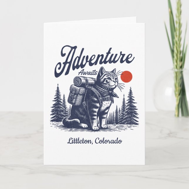Vintage Hiking Cat Adventure Awaits Custom Town Card (Front)