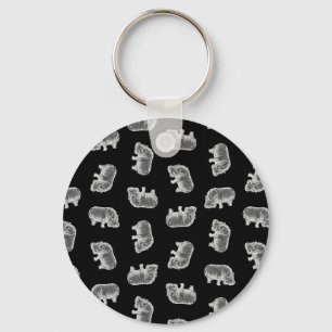 Vintage Hippo Print Pattern Hippopotamus Art Black Key Ring