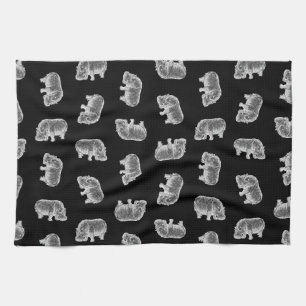 Vintage Hippo Print Pattern Hippopotamus Art Black Tea Towel