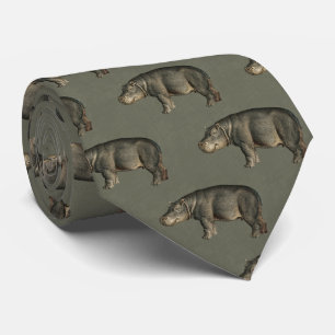 Vintage Hippos on Army Green Linen Tie