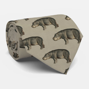 Vintage Hippos on Khaki Beige Linen Tie