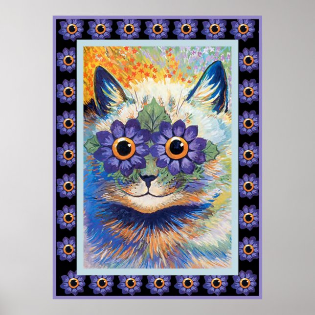 Vintage Hippy Flower Cat Poster Print (Front)