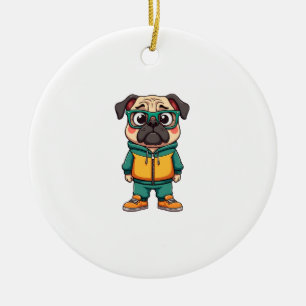 Vintage Hipster Pug Dog Cartoon Streetwear Graphic Ceramic Tree Decoration